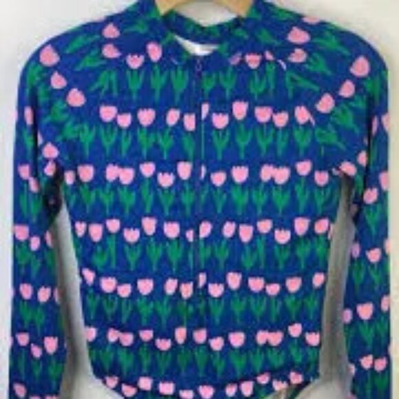 Hanna Andersson Blue Pink Tulips Long Sleeve 1pc Swimsuit Size 6-7 - Picture 2 of 3
